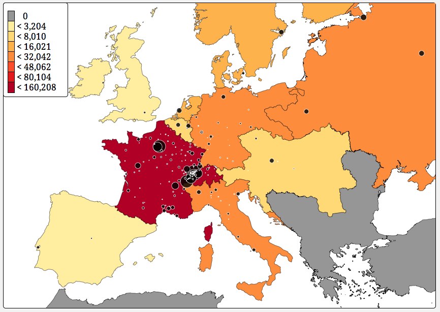 Map of Europe showing the concentration of trade in France and Switzerland.
