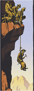 Image from H.G. Well's "Little Mother up the Morderburg" of four men lifting "mother" up a cliff face.